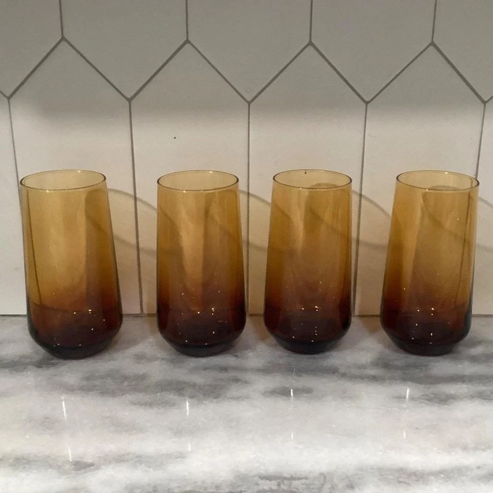 Rakle Amber Glass Tumblers, Set of 4 Mid Century Ombré Drinkware, Modern Glasses
